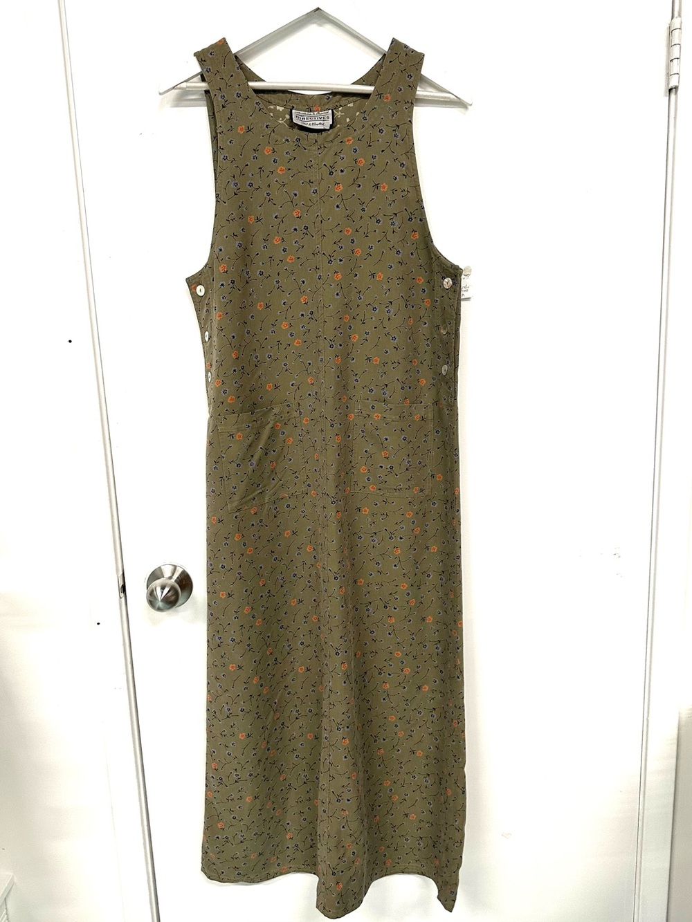 True Vintage 90s Ditsy Floral Maxi Jumper Olive Dress Pinafore Medium Prairie